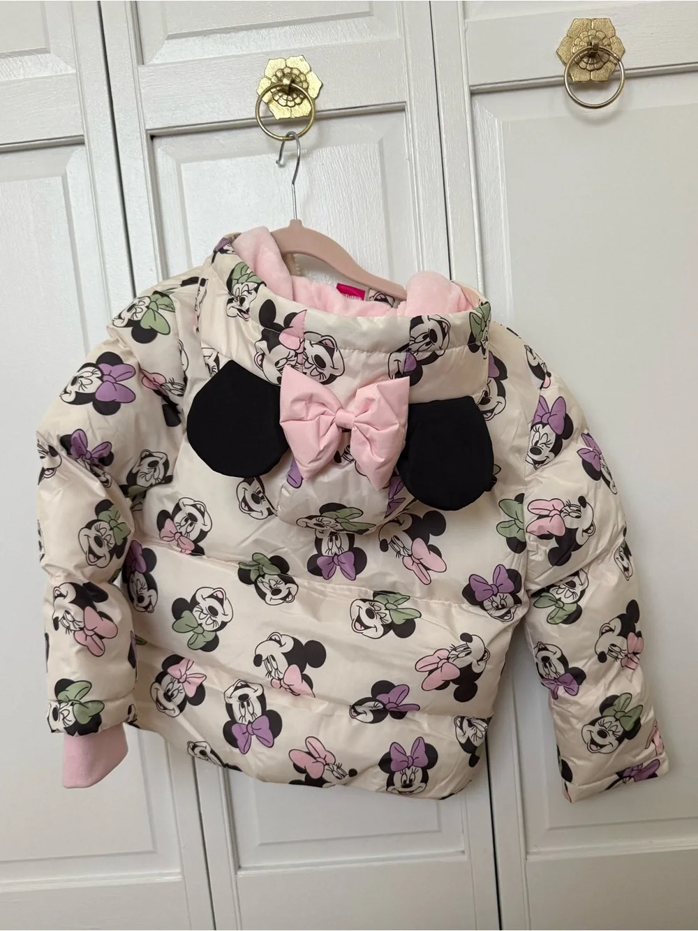 Disney Cream Minnie Mouse Hooded Puffer Jacket with Pink Bow & Black Ear Details
